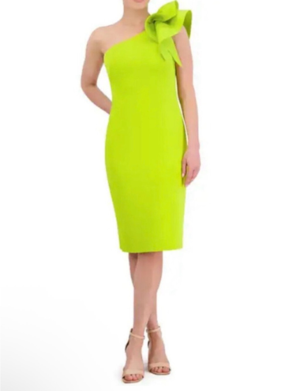Eliza J Lime One-Shoulder Sheath Dress with Floral Shoulder Accent